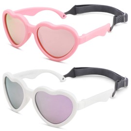Melpomenia Heart Shaped Baby Polarized Sunglasses with Strap Adjustable Unbreakable Shades for Newborn Infant Age 0-24 Months(Matte Pink/Pink Mirrored + Matte White/Purple Mirrored)