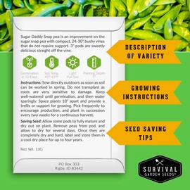Sugar Daddy Snap Pea Seeds for Planting - Sweet Crisp Sugar Snap Peas with Edible Pods, High Yield Heirloom Variety, Non-GMO Open Pollinated - Survival Garden Seeds (3 Pack)