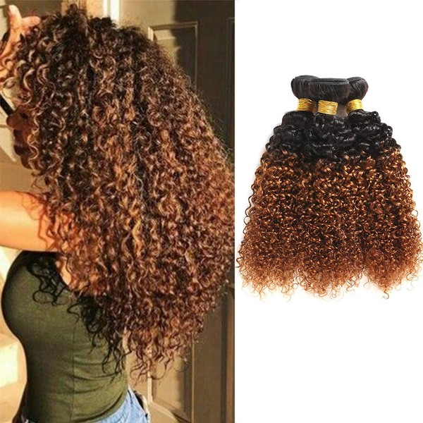 Feelgrace Hair Ombre Kinkys Curly Human Hair Extensions Brazilian Curly Hair 3 Bundles 2 Tone Ombre Hair Weave 1b/30 Blonde Color (8 10 12)