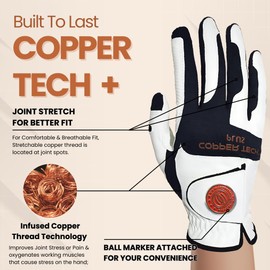Copper Tech Women's Golf Gloves with Ball Marker - Ladies Golf Gloves with 100% AAA Synthetic Leather - Wrist Support & Breathability - Golf Gloves Left Handed Golfer (Hand Orientation: Right)