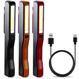 WREOW Rechargeable LED Work Light,Portable Pocket COB Floodlight/Inspection Lamp/LED Flashlight, with 3 USB Cable and Magnetic Clip, 3 Pack (Black+red+Orange)