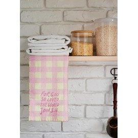 Bnwepo Pink Checkered Christian Kitchen Towels, John 3:16 Bible Verse Decor Dish Tea Towels for Kitchen, Preppy Pink and Beige Plaid Hand Towels for Bathroom Decor, 16x24 Inches