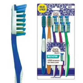 GuruNanda Multi-Action Toothbrush with Tongue Cleaner - Soft Bristles for Sensitive Teeth & Gums - Assorted Colors, Pack of 8