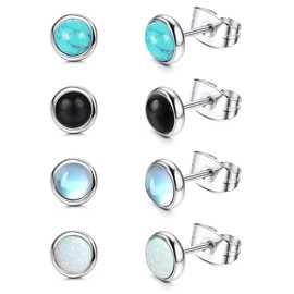 JeweBella 4 Pairs Moonstone Opal Turquoise Small Stud Earrings Set Surgical Steel for Women Girls Children Hypoallergenic Round Gemstone Stud Earrings Blue Black Moonstone Opal Turquoise Earrings Set