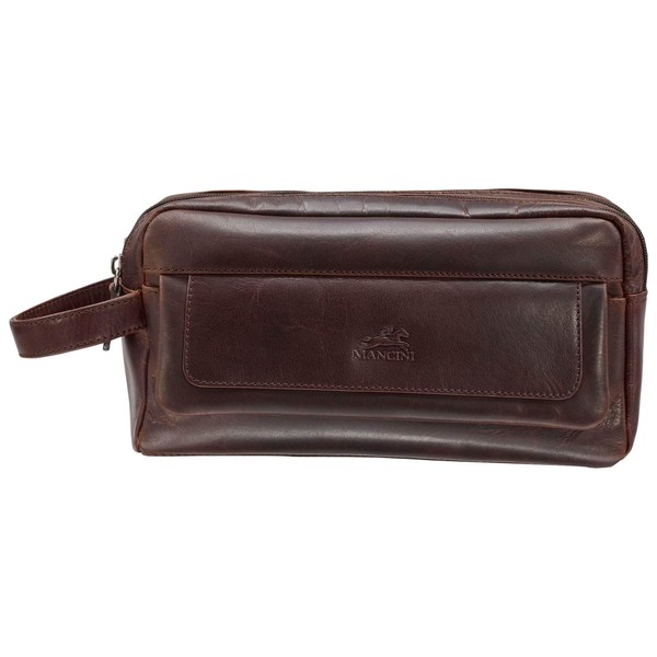 Mancini Buffalo Top Grain Leather Double Compartment Toiletry Kit, Brown