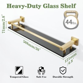 Alise Glass Shelf with Railing for Bathroom, Gold Bathroom Shelves Wall Mounted, Modern Floating Shower Storage, 20 inch