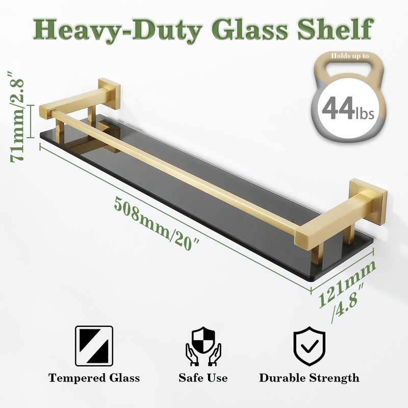 Alise Glass Shelf with Railing for Bathroom, Gold Bathroom Shelves