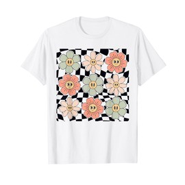 Retro Colorful Checkered Pattern Checkerboard Daisy Flowers T-Shirt
