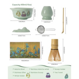 Matcha Whisk Set-7Pcs Ceramic Matcha Kit with Matcha Bowl,Bamboo Whisk & Holder,Scoop,Rest,Sifter & Tea Towel,Japanese Tea Ceremony Set for Beginners and Matcha Lovers(Green)