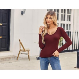 Zeagoo Long Sleeve Shirts for Women Fall Basic V Neck Soft Tight Tops Comfy Fashion Ribbed Knit Tees Wine Red+Navy Blue L