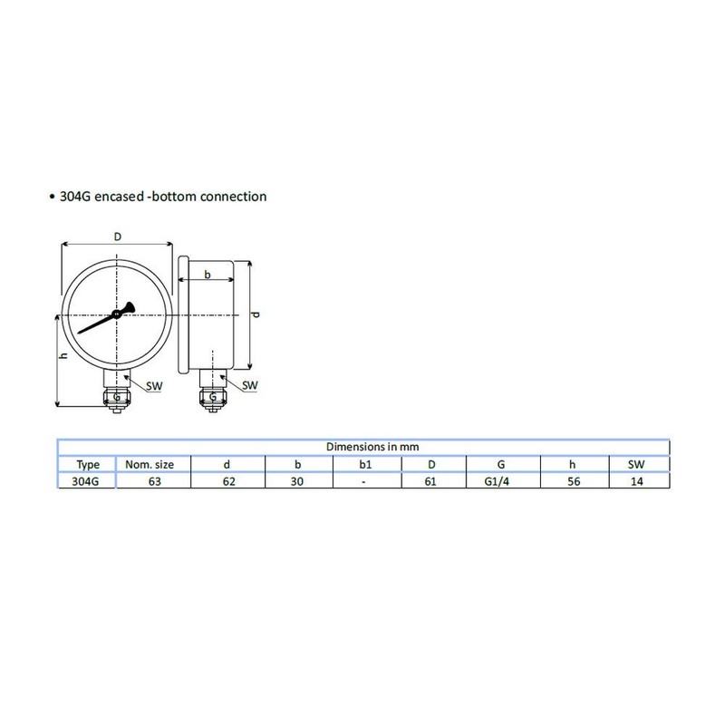 THERMIS Pressure Gauge 304G 1/4 Connection from Below (0 -