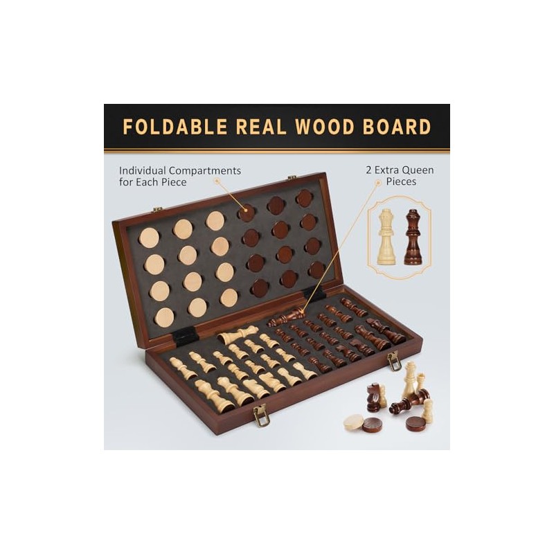 2 in 1 Magnetic Wooden Chess and Checkers Board Game