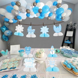 8 Pack Baby It’s Cold Outside Honeycomb Centerpieces Baby Shower Decorations for Boy, Winter Blue White Gold Little Snowflake It’s A Boy Table Toppers Decors Gender Reveal Party Supplies