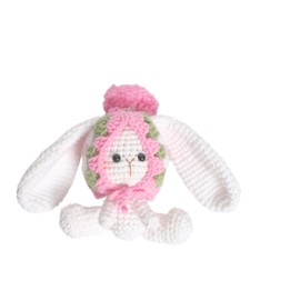 Cute crochet white bunny rabbit keychain with long ears, paired with a separate knitted hood in pink and green for car keys accessories backpack and men women girls boyfriend couples gifts decoration