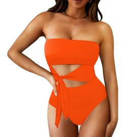 Viottiset Women's Bandeau One Piece Swimsuit Strapless Tie High Cut Out Bathing Suit Orange Large