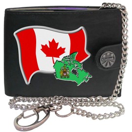 Klassek Canada Flag Canadian Map and Coat of Arms COA Mens Wallet with Chain Real Leather RFID Blocking with Coin Pocket and Metal Gift Box