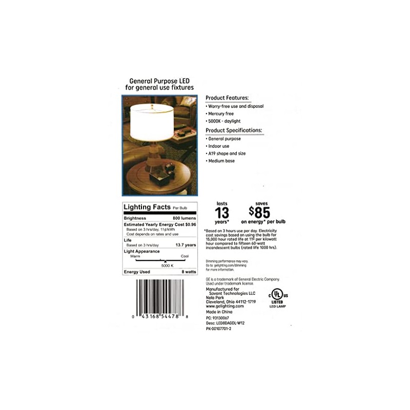 GE Daylight LED Light Bulbs, 8 Watt (60 Watt Equivalent)