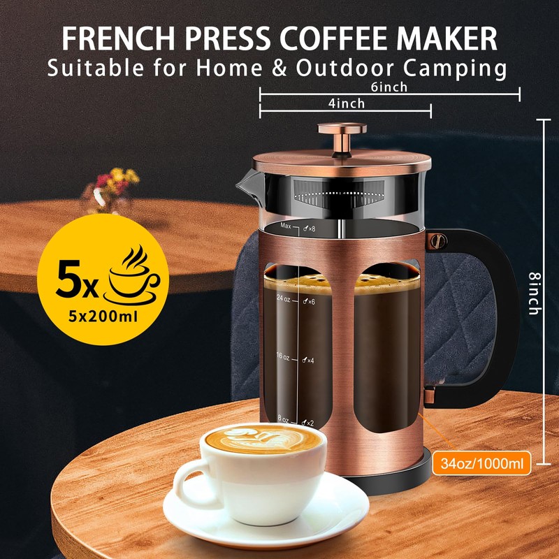 YMMIND French Press Coffee Maker (34oz 1Quart 5-6Cup) Coffee Press,
