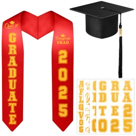 Jetec 6 Pcs Unisex Adult Graduation Stole Cap Set with A to Z Letter 0 to 9 Number Pattern Patches for Adult Graduation(Black,Red)