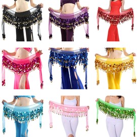 WEKIOOBON Belly Dance Hip Scarf, Belly Dance Skirt Wrap Performance Bling Sequins Coins, Belly Dancer Costumes for Women (Pink)