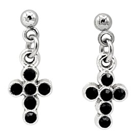 Crucifix - Tiny Cross – Black Crystal Rhinestones - 13x8mm - Silver alloy charm dangle earrings with glass crystal rhinestones - 3mm Ball Stainless Steel Posts