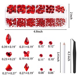 Mixed Styles 3D Glass Red Crystal Nail Art Rhinestones Kit with Flatback Round Bead Charm Gem Stone Jewelry Diamond for Women DIY Nail with Pickup Pen & Tweezers(red)