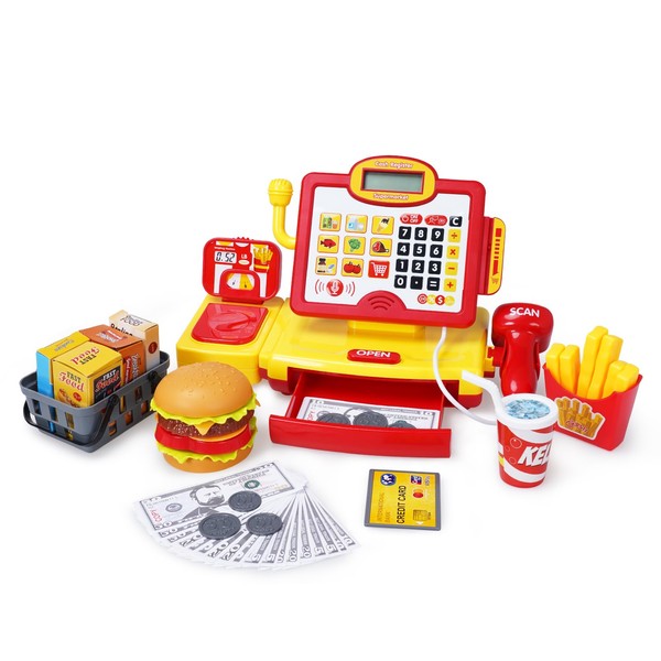 FS Toy Cash Register for Kids, Pretend Play Supermarket Playset with Real Calculator, Play Store Kids Cash Register with Scanner and Credit Card, Learn Counting Toys for Boys and Girls Ages 3 4 5 8 12