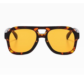 Long Keeper Retro Pilot Sunglasses for Men Women Double Bridge Aviation Square Sunglasses 70s Fashion Classic Sun Glasses Vintage Shades UV400 Protection (Leopard Frame/Orange Lens)