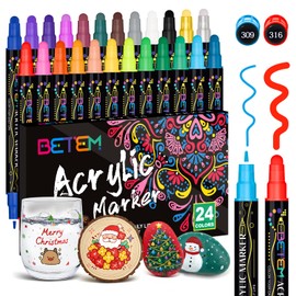 Betem 24 Colors Dual Tip Acrylic Paint Pens Markers, Premium Acrylic Paint Markers Stocking Stuffers for Rock, Wood, Fabric, Glass, Canvas, Ceramic, Christmas Gifts for Teens DIY Crafts Art Supplies