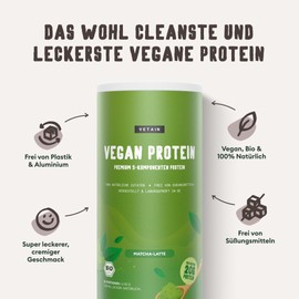Vetain Vegan Protein Matcha, 20 g Protein per Serving, Organic Vegan Protein Powder, Five Premium Protein Sources, No Sweeteners, Sugar Additives or Allergens, 600 g (20 Shakes)