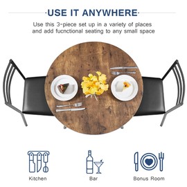 VECELO Small Round Kitchen Table with 2 Upholstered Chairs, 3-Piece Wood Dinette Sets with Steel Frame for Breakfast Nook, Dining Room, and Small Space, Brown