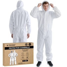 TICONN Hazmat Suit Disposable Coveralls, 5 Size Options, Full Body Protective Lab Coveralls with Hood, Breathable Paint Suit PPE for Men Women, Industrial Use (L, 1PK)