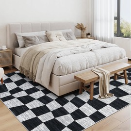 LUXLOOM Washable Area Rugs 9x12 Rug for Living Room Checkered Modern Bedroom Rug Geometric Black Rug Large Area Rug Non Slip Throw Rugs Low Pile Stain Resistant Carpet for Dining Room 9'x12' Black