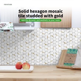 LONGKING 10-Sheet Peel and Stick Backsplash for Kitchen, White Marble Self-Adhesive Tile Hexagon Mosaic Tiles for Kitchen, Bathroom Vanities, Fireplace Décor（9 ft²Cover Area）