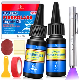 UV Cure Fiberglass Repair Kit, 15g+15g Clear for Carbon Fiber, Polyester Fiber,Fiberglass- Ideal for Repairing Cracks,Holes In Boat,Jet Ski, Yacht, Surfboard And Other Water Vehicles