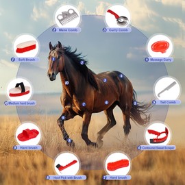KHEARPSL Horse Grooming Kit, Horse Brushes for Grooming 10pcs Horse Cleaning Tool Set with Tote Bag, Sweat Scraper, Curry Comb, Brush, Hoof Pick, Horse Bathing Grooming Supplies Equine Care Supplies