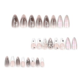 Star Press on Nails Medium Almond Fake Nails White French Tip False Nails with Design 3D Silver Pearl Glue on Nails Artificial Acrylic Nail Full Cover Gray Ombre Stick on Nails for Women Manicure