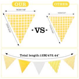 G2PLUS 12M Yellow and White Stripe Fabric Bunting - 42PCS Cloth Gingham Bunting - Cotton Stripe Banner Pennant - Large Triangle Garland Banner for Kid's Bedroom Playhouse, Easter Garden Party Decor