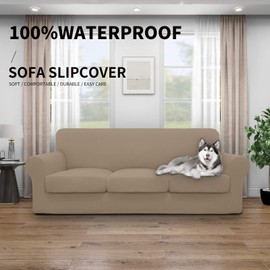 Easy-Going 100% Dual Waterproof 4 Pieces Stretch Soft Couch Cover for Dogs, Sofa Slipcover for 3 Separate Cushion Couch Leakproof Furniture Protector for Kids, Pets Camel