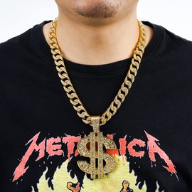 IDRUPACE Miami Mens Cuban Link Chain Silver Gold Plated Bling Cuban Necklace Diamond Chain for Men 13MM iced out chain Hip Hop Jewelry，8.5/18/20/24 Inch Length-With metal gift box. (24.0 Inches, Gold Chain+Dollar Pendant)