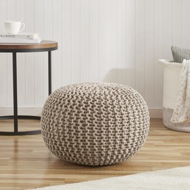 Pouf Ottoman Foot Rest Stuffed – 20” Diameter x 14” Tall Cozy Floor Pouf for Living Room, Bedroom, Nursery & More – 100% Cotton Knit Shell, EPS Bead Filled Footrest & Accent Chair, Beige