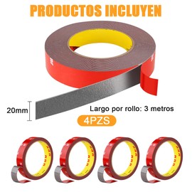Cinta Doble Cara Extrafuerte, 4 Rollos 9308G Cinta de Espuma Adhesiva Impermeable de Alta Resistencia, Apto para Interior y Exterior de Vehículos, Decoración de Hogares y Oficinas (3M x 20MM)