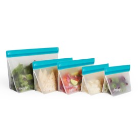 (re) zip 5-Piece Stand-Up Reusable Bag Kit | BPA-Free, Food Grade, Leakproof, Freezer and Dishwasher Safe, Quart (1), 2-Cup (2), Snack (2), Aqua