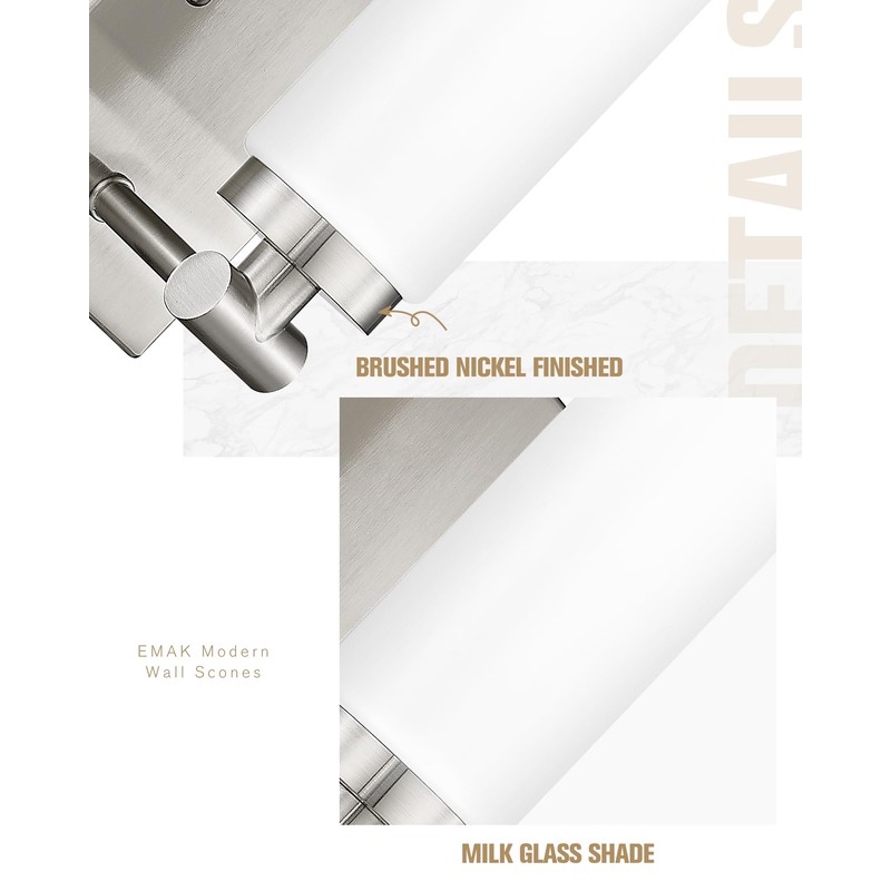 Emak Brushed Nickel Wall Sconces, 2 Light Bathroom Light Fixtures