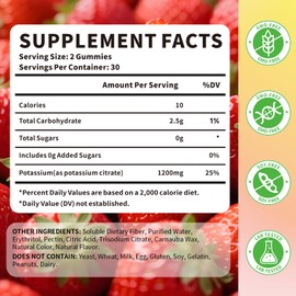 Potassium Citrate Gummies 1200mg for Adults Women & Men, Chewable Potassium Supplement for Reduce Leg Cramps & Muscle Health, Sugar Free, Strawberry Flavor, 60 Count