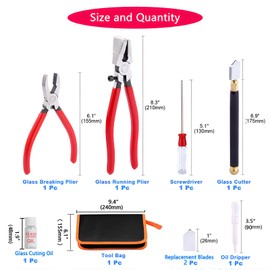 Glass Cutting Tool Set Kit, Glass Nipper Glass Running Plier Breaking Plier Oil Feed Glass Cutter Set with Leather Zipper Bag for Stained Glass, Tiles, Mosaic, Mirrors,Bottle, Fusing, Breaking (A KIT)