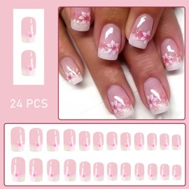 Pink Flower Press on Nails Medium Square Fake Nails Silver Glitter Gradient French Tip Glue on Nails Press on Translucent Light Pink Flower False Nails Acrylic Stick on Nails for Women Girls 24 Pcs