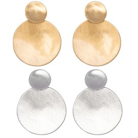 Kaseakia 2 Pairs/Set Metal Hammered Clip On Dangle Earrings for Women (Gold Silver F)