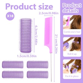 EIROVYA Lockenwickler Locken mit 1 Kämme Haftwickler Selbsthaftend Hair Rollers Locken Curlers Ohne Hitze Lockenwickler Klettwickler Kleine Haarwickler für Lange Mittlere Kurze Haar, Lila, 19 Stück