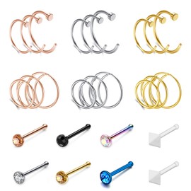 PiercingJak Nose Piercing Thin Nose Ring Nose Piercing Ring Set 20G Straight Nose Stud Nose Hoop Nose Hoop Rings 8 mm 10 mm 12 mm Nostril Piercing Punk Jewellery 26 Pieces, Stainless Steel